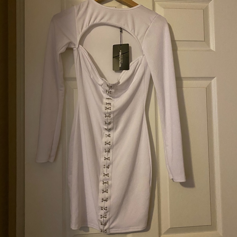 White Long Sleeve Bust Cut Out Hook Bodycon Dress